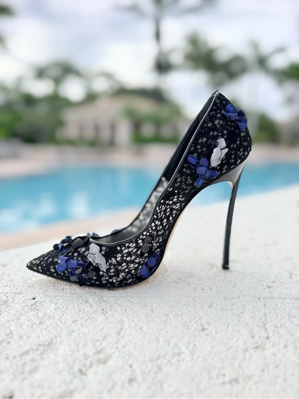 Casadei ‘Blade’ Stiletto Black Lace 3-D Floral & Embellishments
